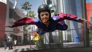 A woman indoor skydiving
