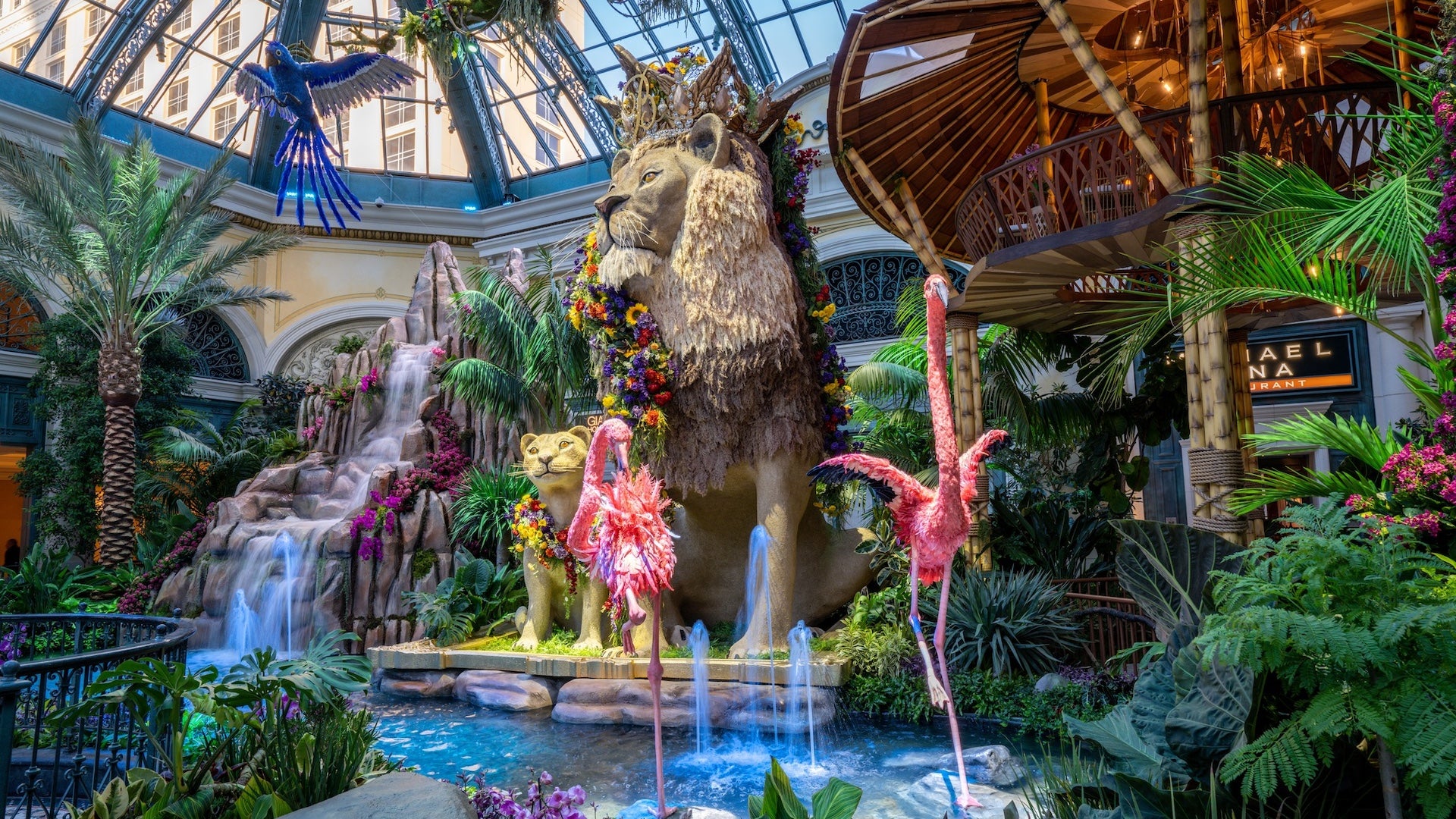 Jungle themed garden with a lion, flamingos, and water feature