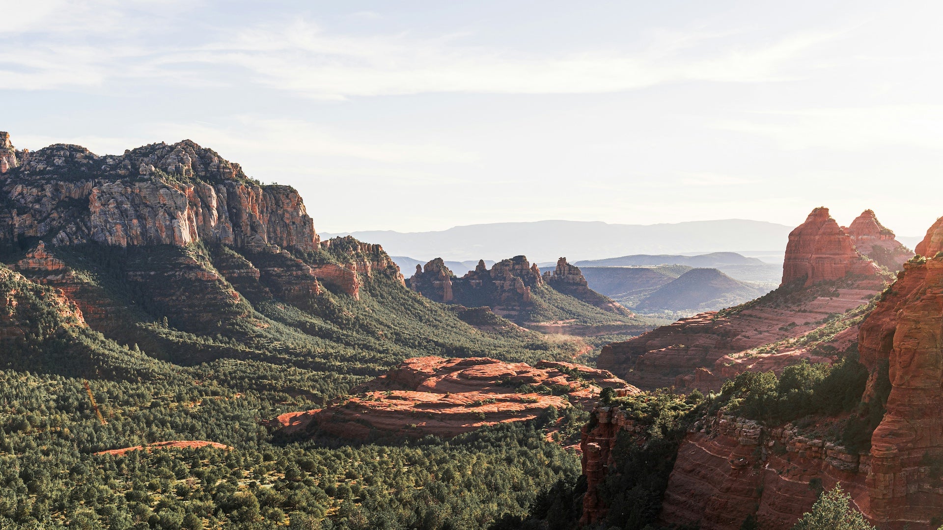 Aerial shot of a green covered desert valley surrounded by red rock bluffs under a cloudy sky