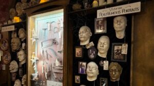 Victorian death masks on a wall with a display case of instruments