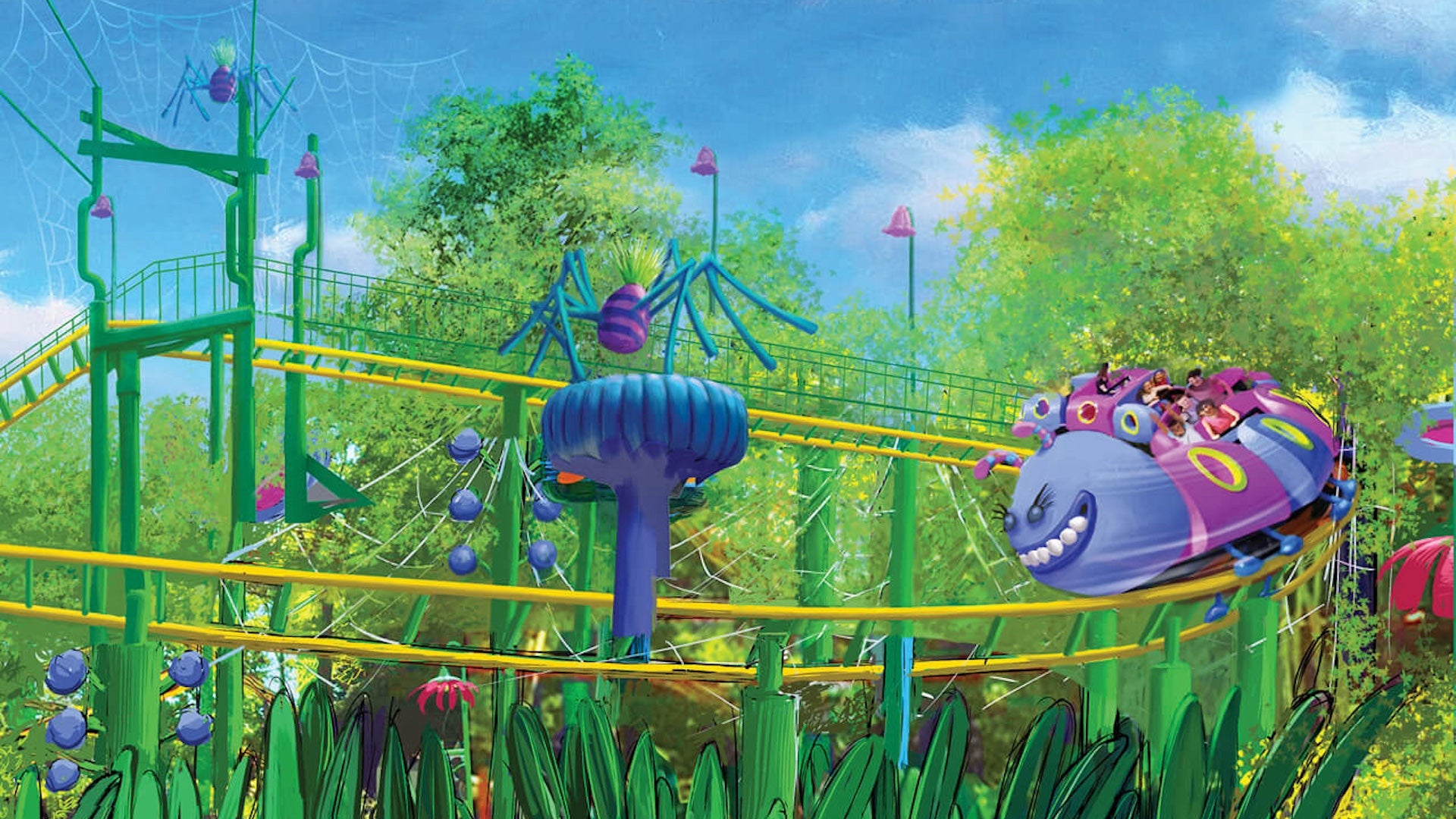Artist rendering of the Trolls roller coaster at Dreamworks at Universal Orlando