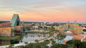 Aerial View of Walt Disney World Swan and Dolphin at sunset