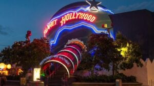 Planet Hollywood at night with neon lights in Disney World