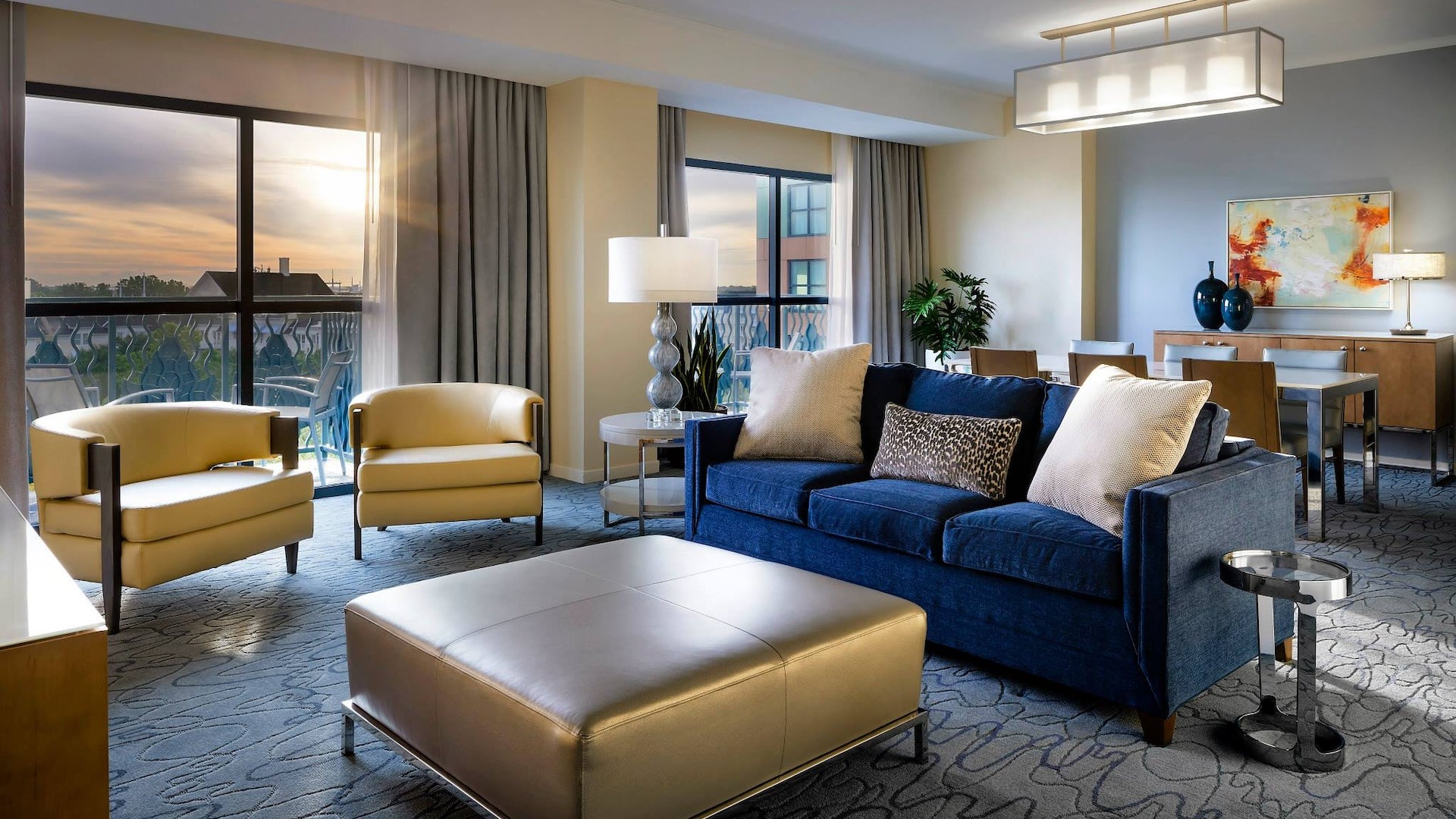 luxurious grand suite with blue and golden theme at Walt Disney World Swan and Dolphin