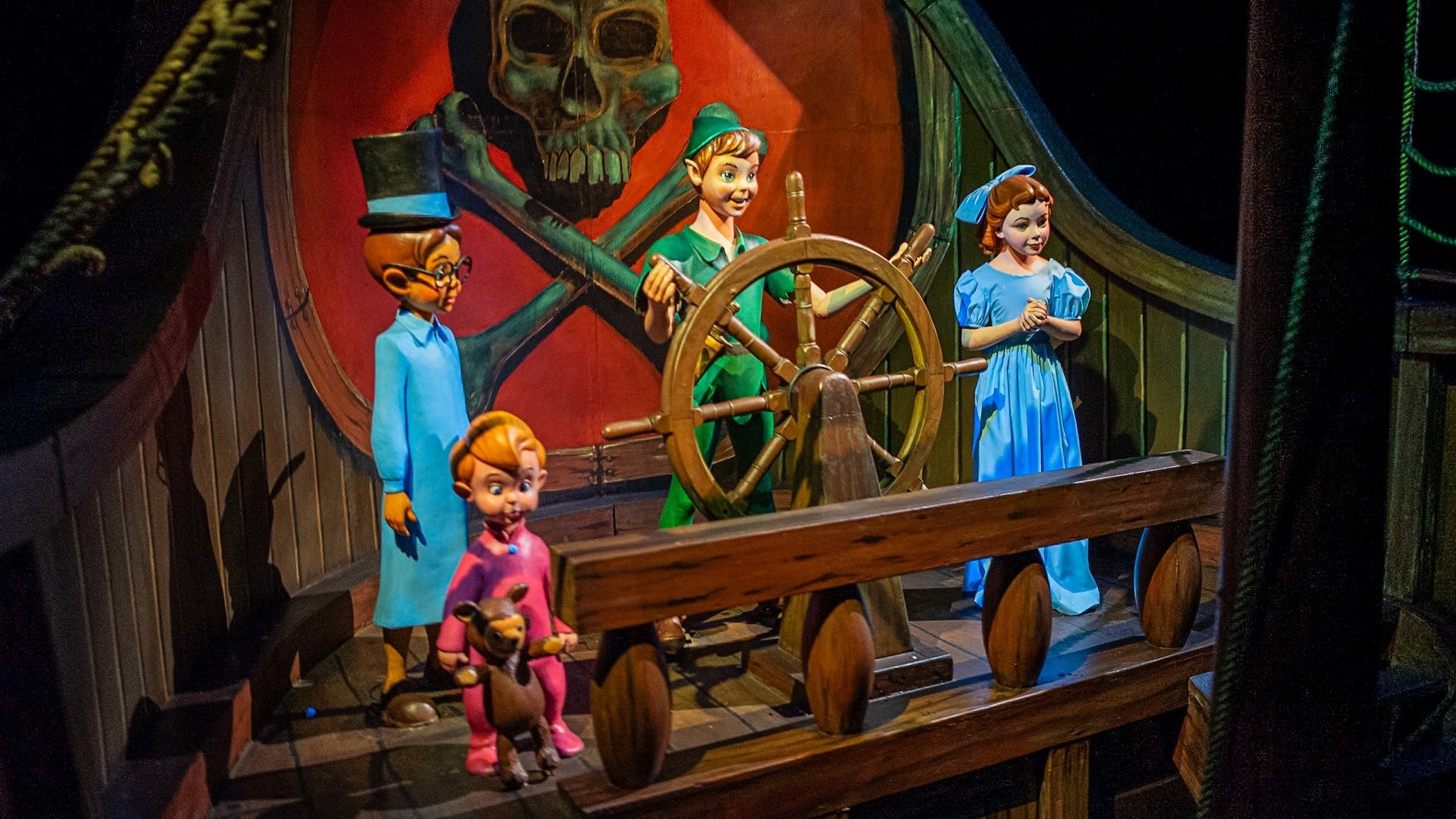Interior shot of several Peter pan characters standing on a boat