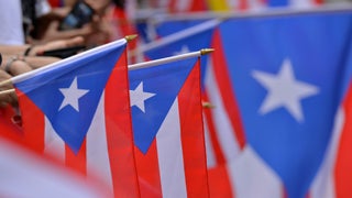 Several red white and blue Puerto Rican flags