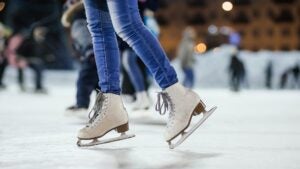View of skates on an ice rink