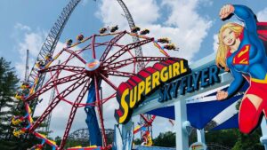 Amusement park ride in St Louis at Six Flags with a sign that has Supergirl on it