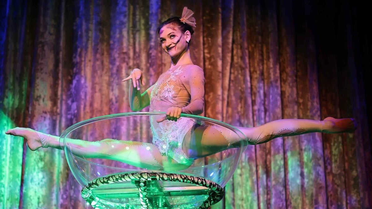 Woman in lingerie on a stage for Zombie Burlesque.