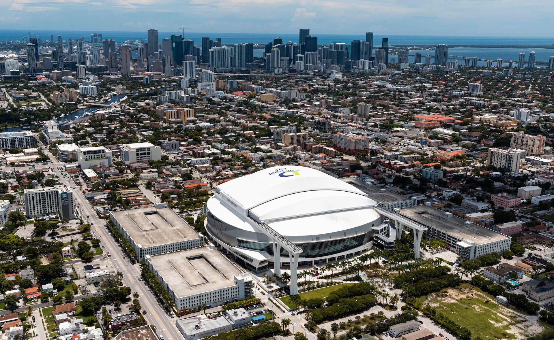 MIAMI, FL - JULY 1: An aerial view of loanDepot park in Miami, Florida on July 1, 2021.