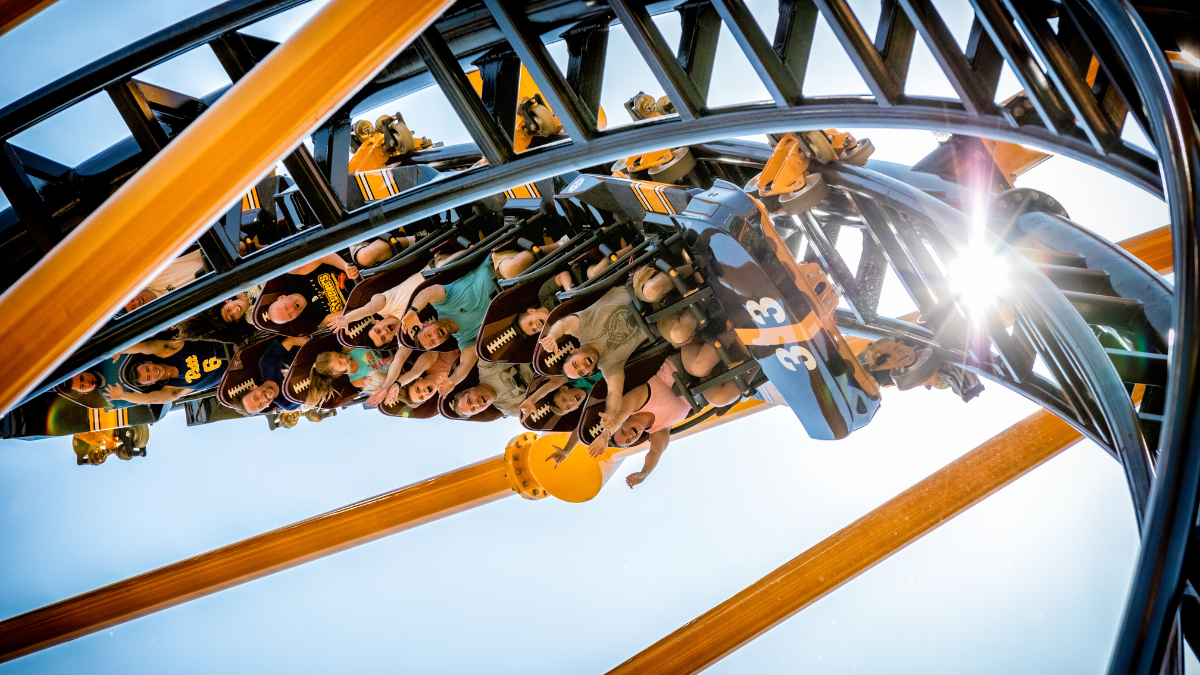 Riders enjoying the upside-down twists on Kennywood’s roller coaster