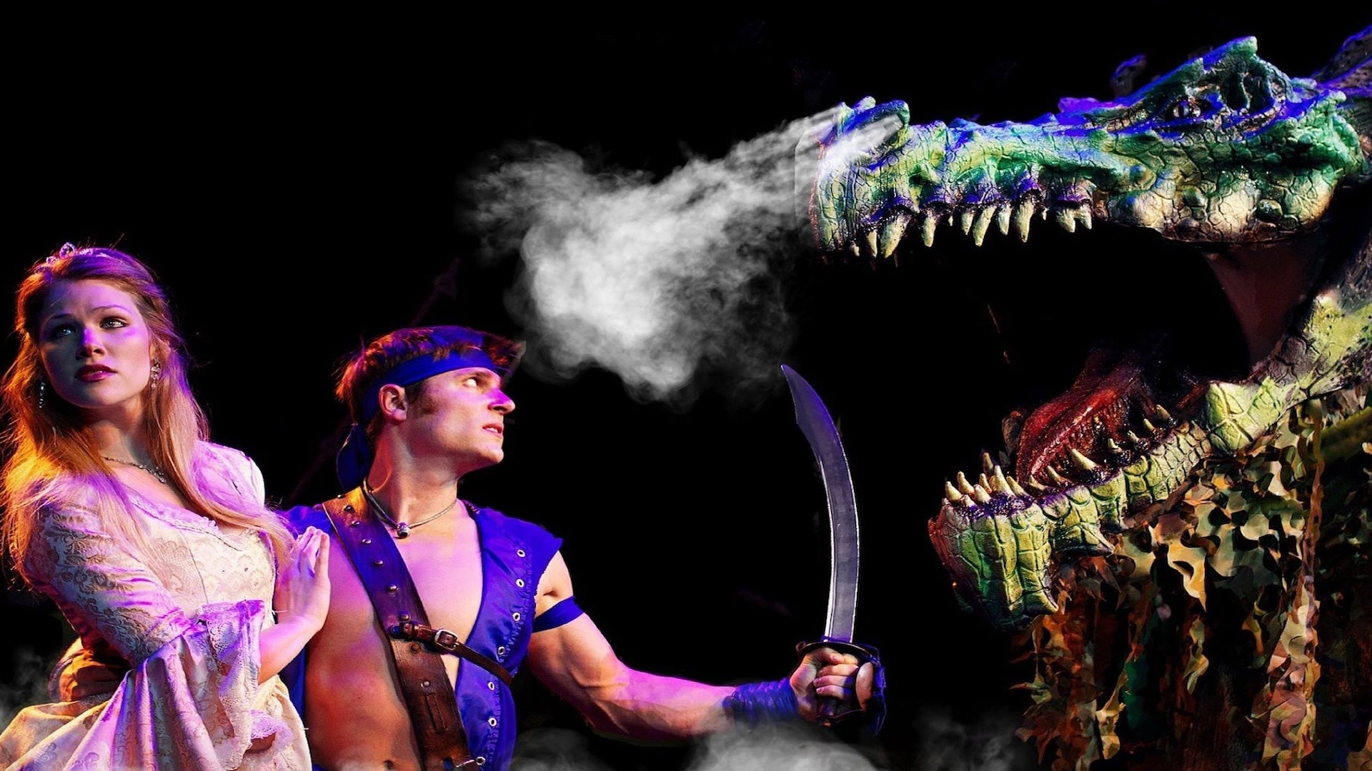 a man and woman characters fighting a dinosaur prop