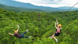 two friends ziplining