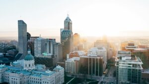 Downtown skyline view with sun in background