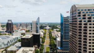 Aerial shot of city buildings