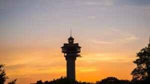 sunset view of Shepherd of the Hills Inspiration Tower