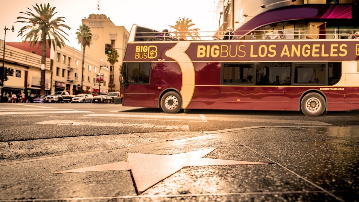 Big Bus tour bus on the Hollywood Walk of Fame