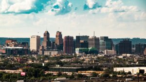 Downtown skyline under a cloudy sky