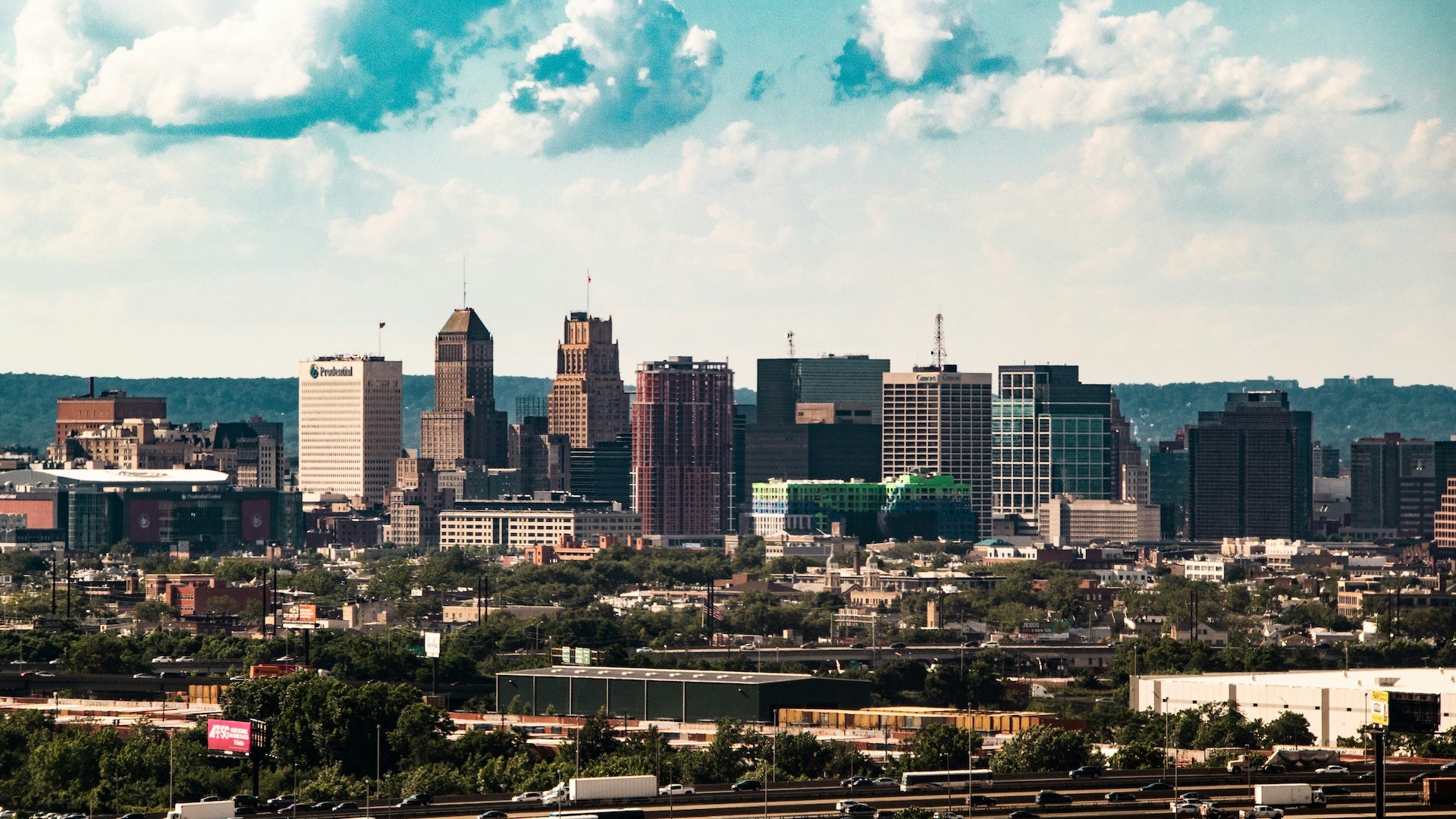 Downtown skyline under a cloudy sky