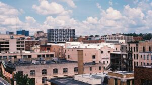 Downtown shot under a blue cloudy sky