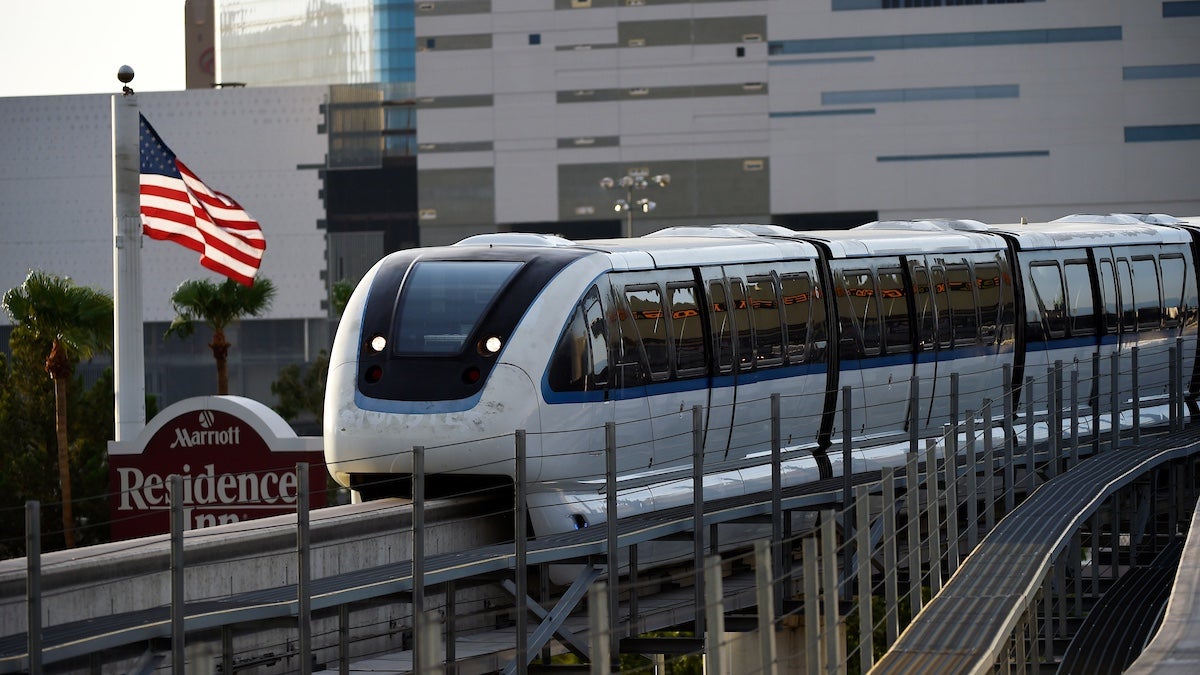 A monorail train approaches the Las Vegas Convention Center station