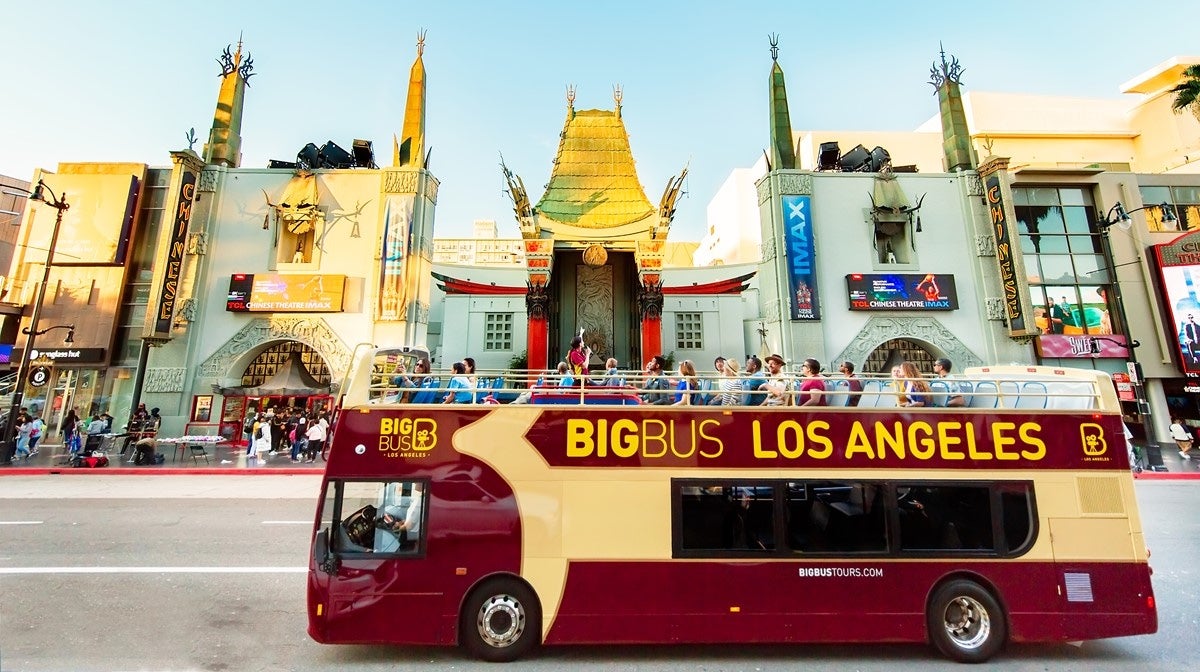 Big Bus tour bus in front of the TCL theater on the Hollywood Walk of Fame
