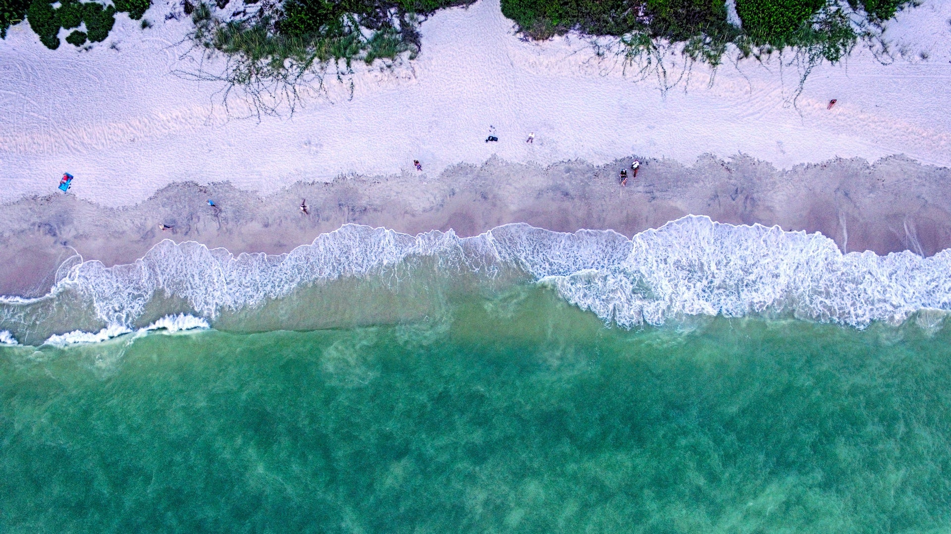 Aerial view of a sandy shore with ocean waves