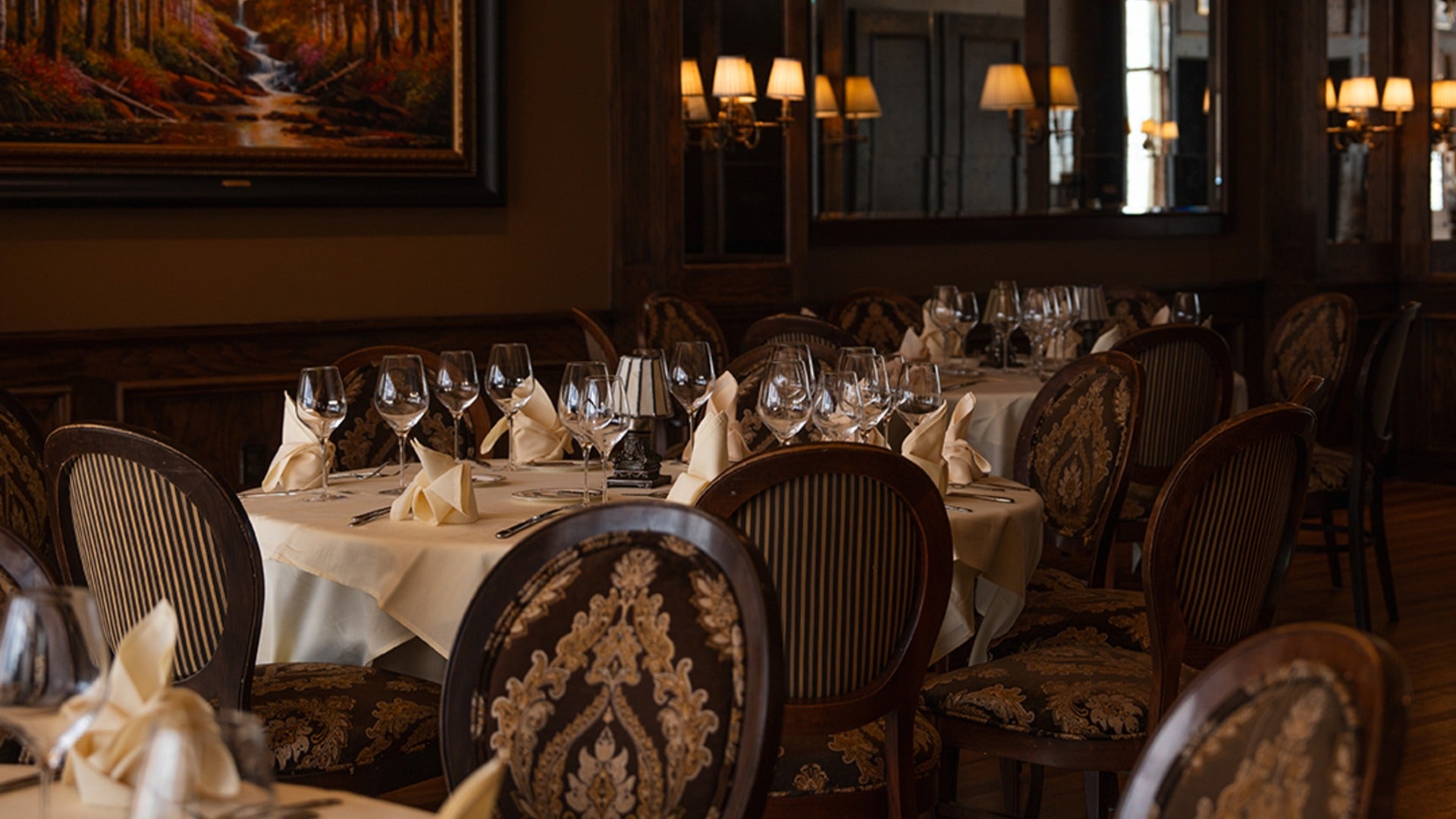 tables and chairs, fine dining with wine glasses and table napkins