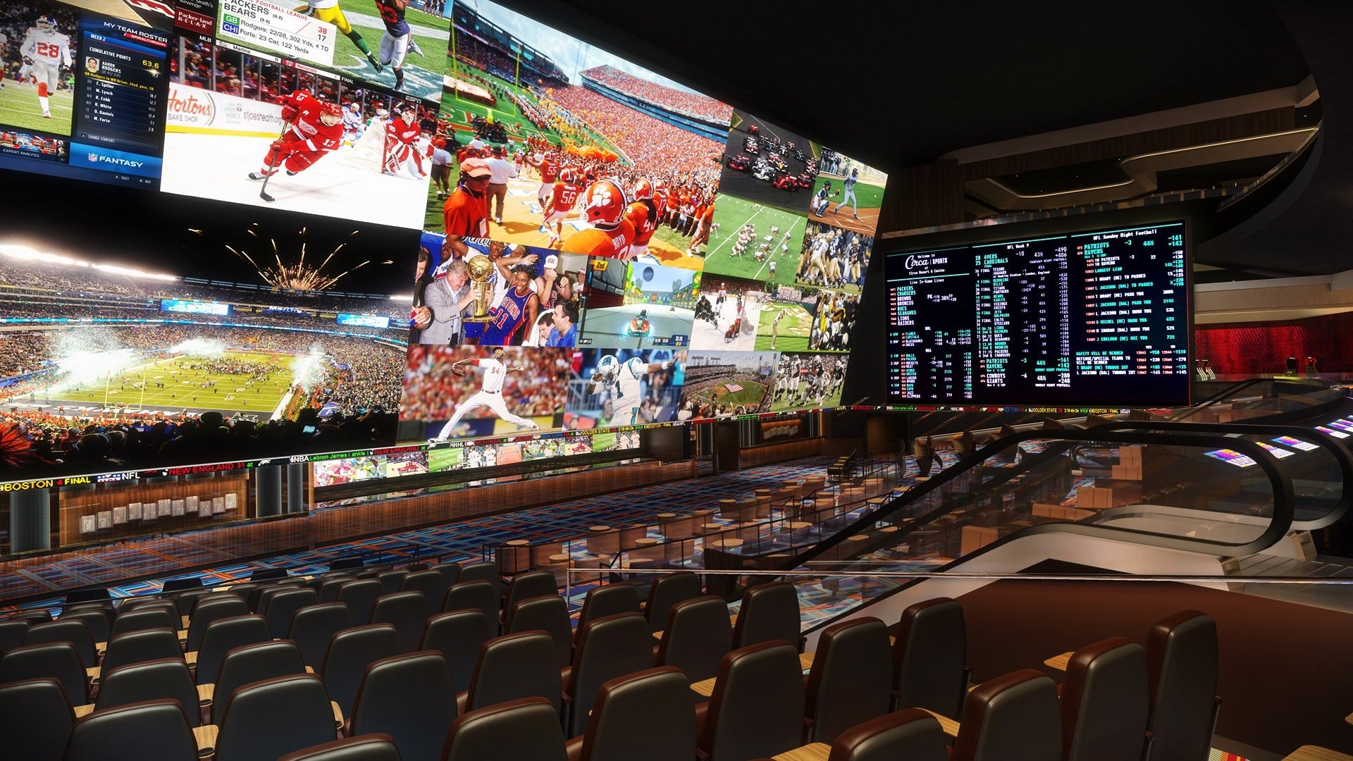 game room with big screen chairs and stats board