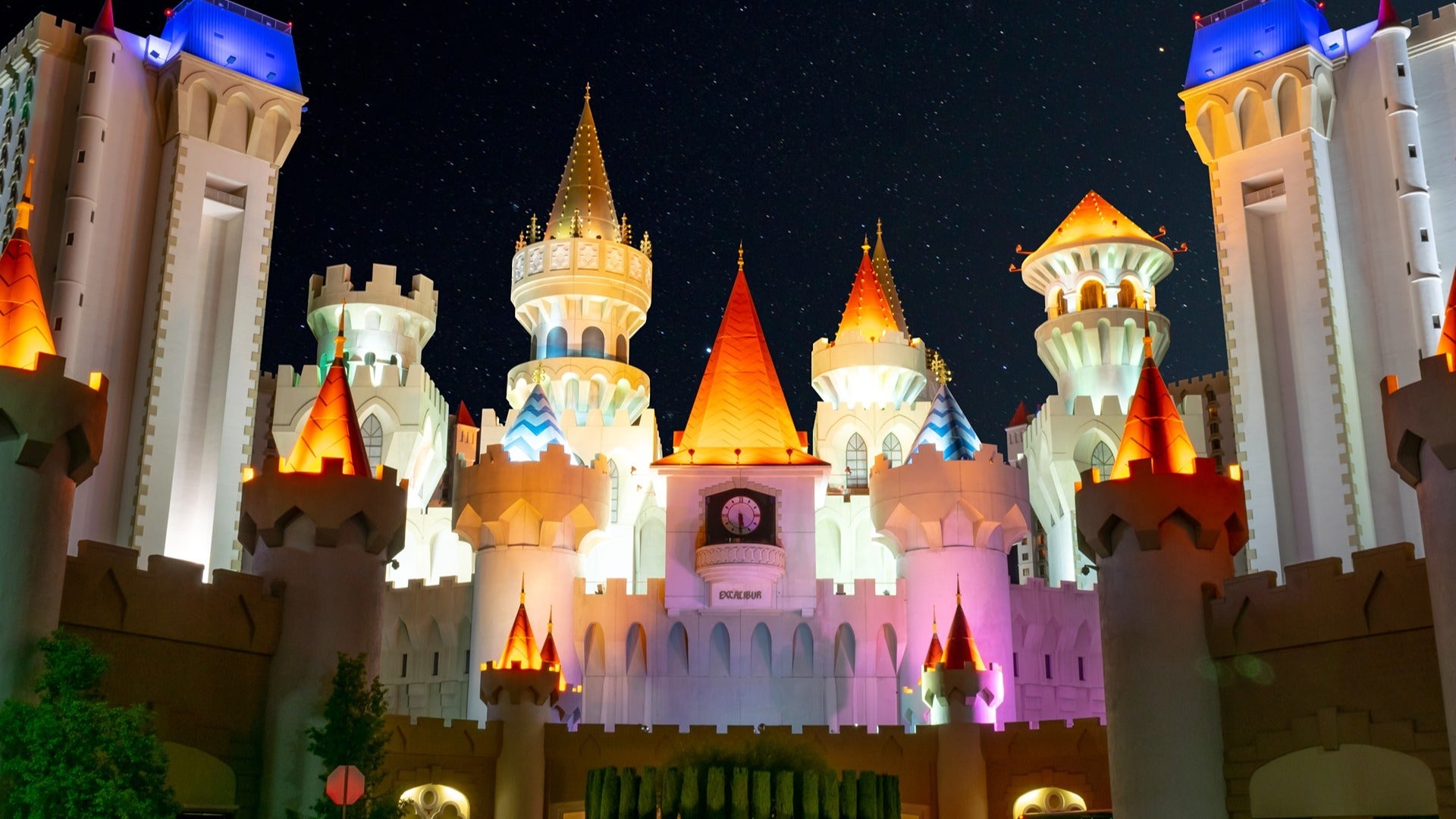 excalibur hotel casino exterior at night