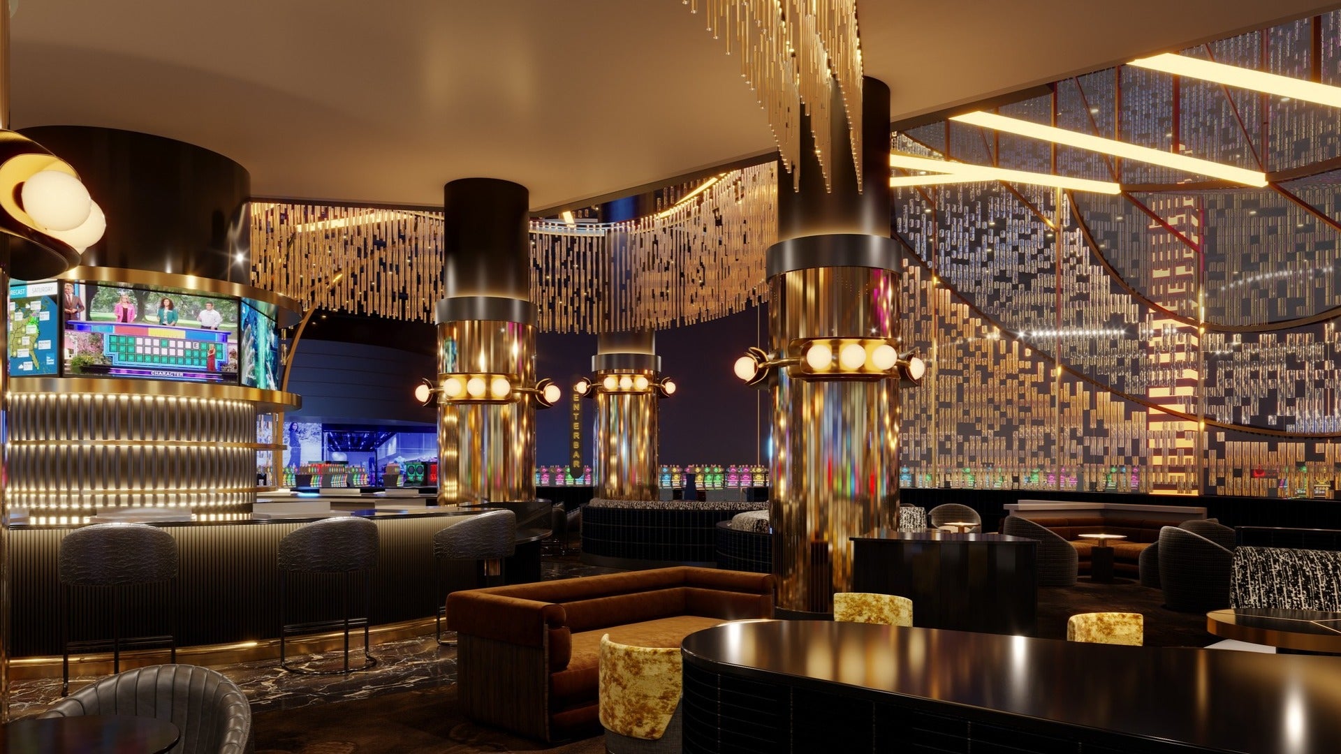 glass bar with couches, chairs, beautiful interior, ambient lighting