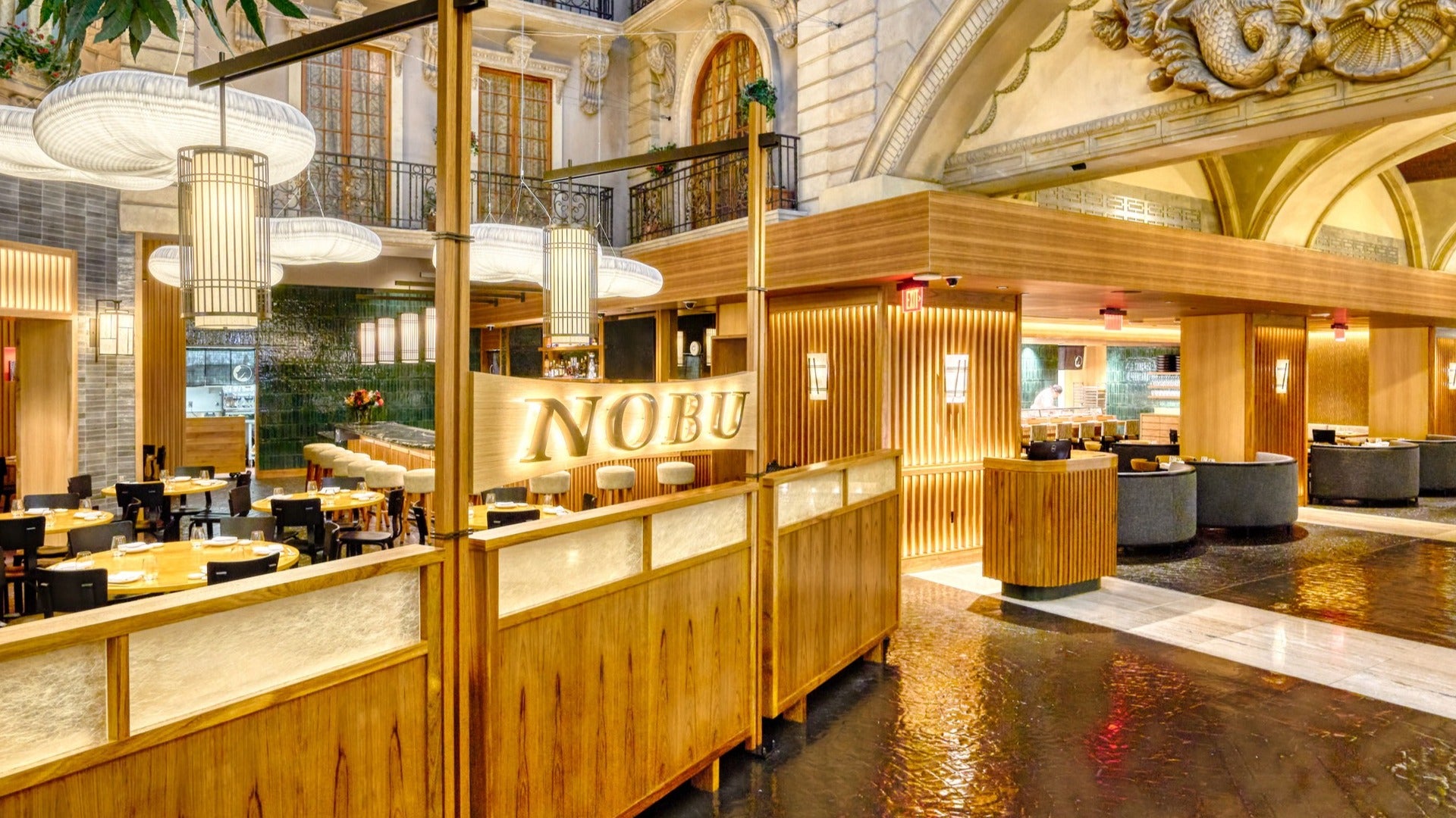 nobu restaurant exterior in paris hotel, las vegas, dining tables and chairs