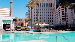 poolside with cabanas and palm trees on a sunny day