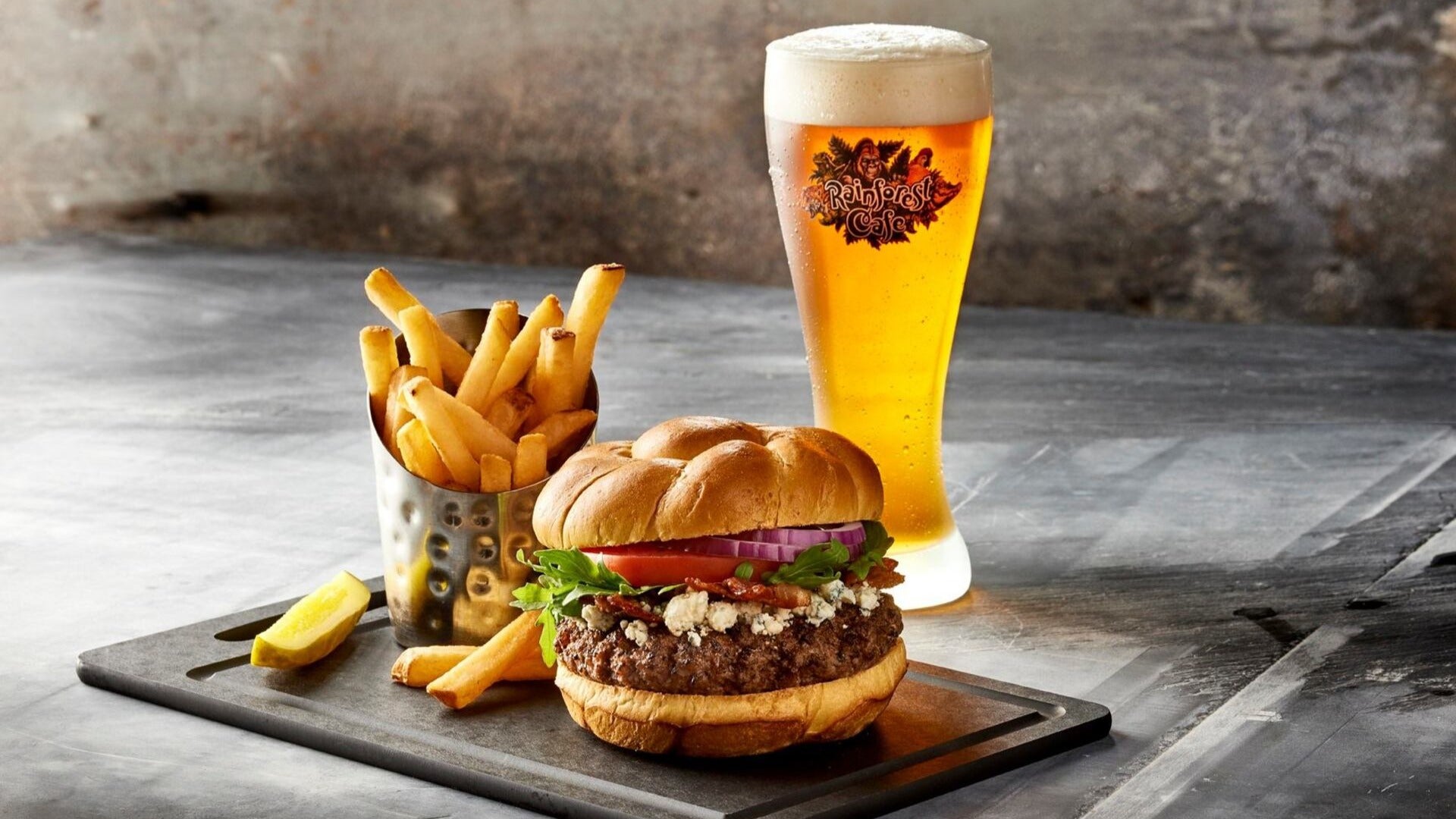 beer, fries, and burger