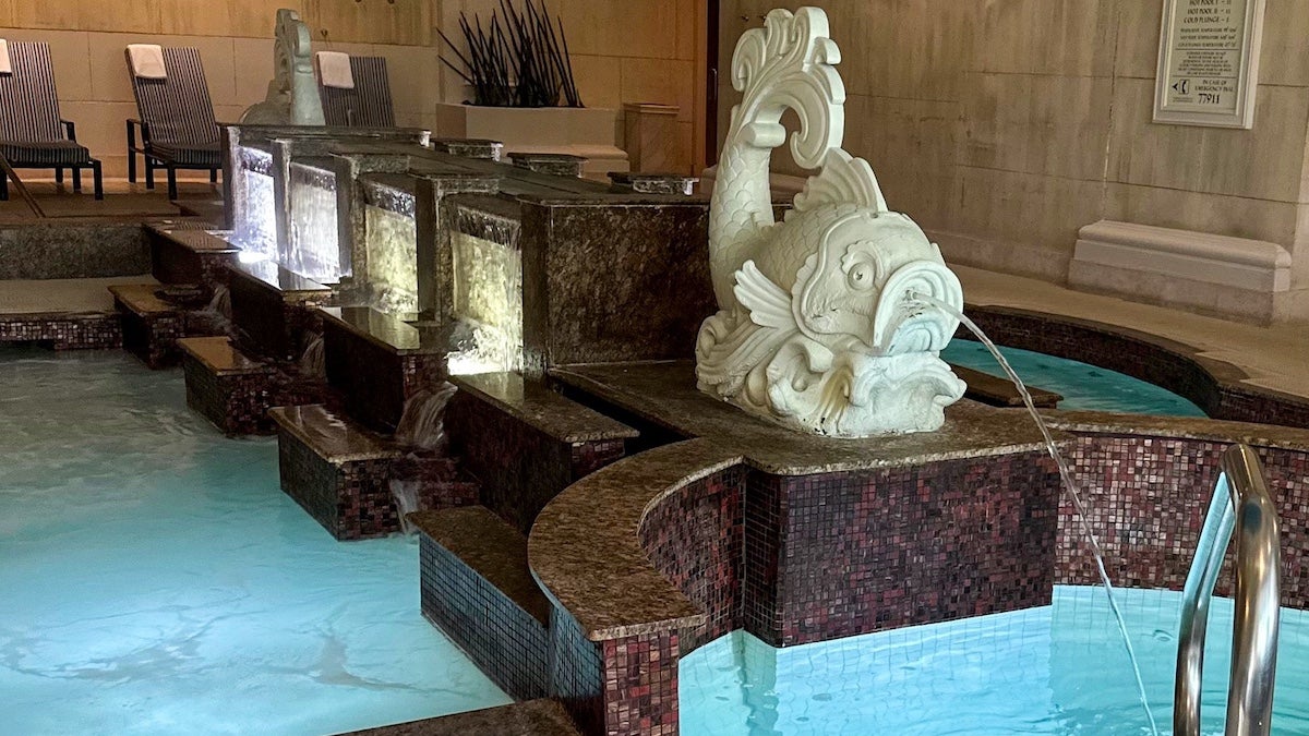 Spa area with hot tubs and seating with a fish fountain