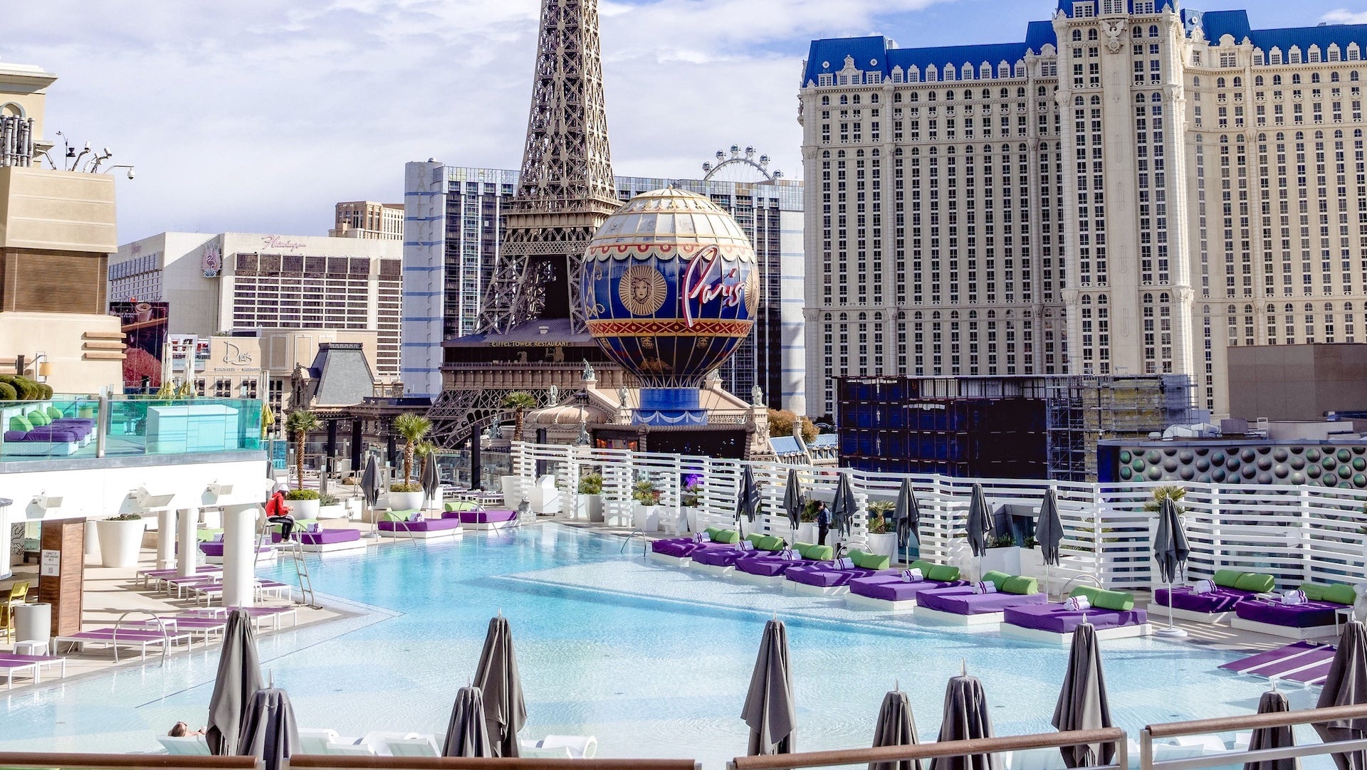 Aerial shot of the pool at the Cosmopolitan with the strip in the background