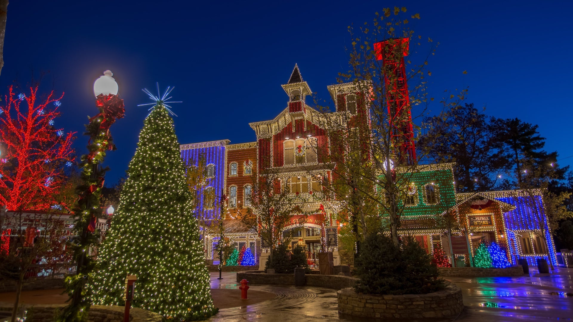 Christmas lights on a building at Silver Dollar City with a christmas tree in the foreground