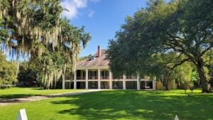 a white house with so many old trees