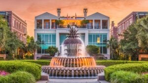 pineapple fountain with bushes and houses at the back