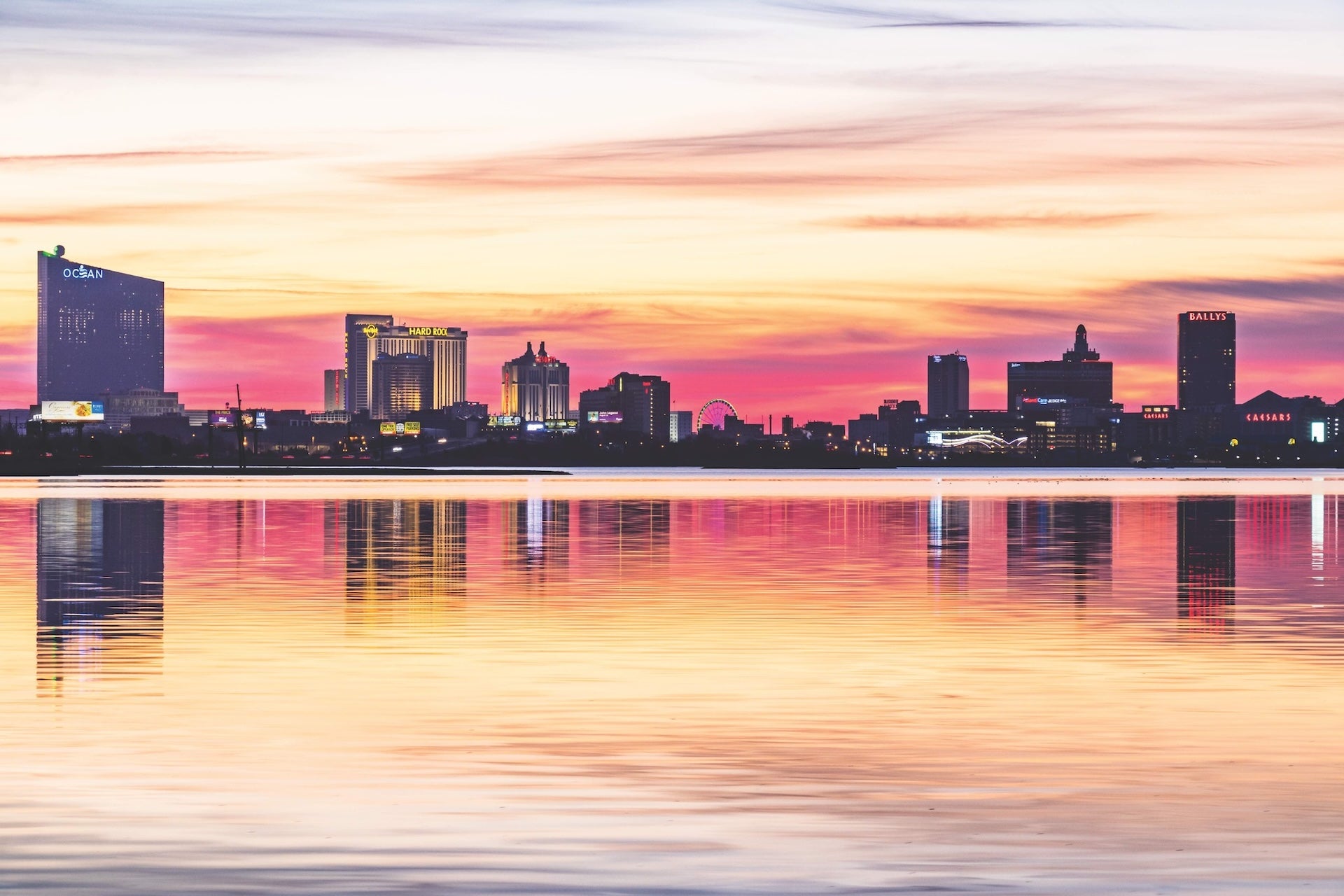 pinkish sunset view of Atlantic City