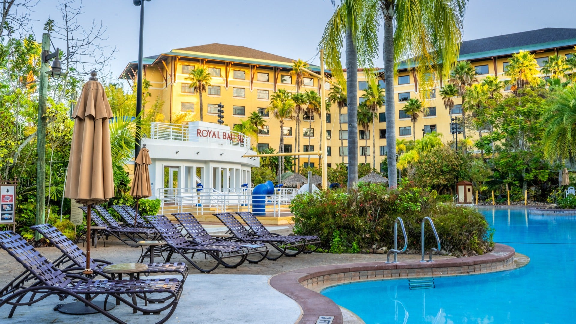 hotel exterior with pool and palm trees with pool lounges