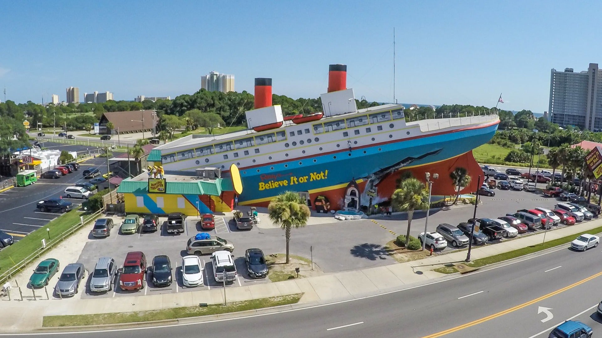 boat attraction in the middle of a parking lot