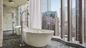 tub with a view of the city