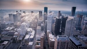 Aerial shot of downtown buildings on a cloudy day