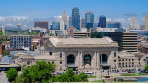 Aerial shot of downtown KC with Union Station in the image as well