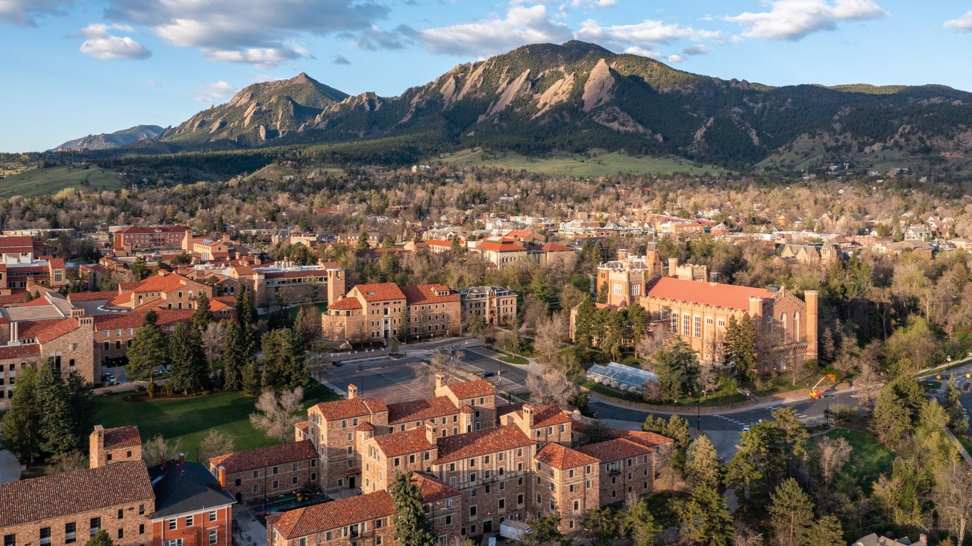 town with buildings, surrounded by trees and mountain at the back