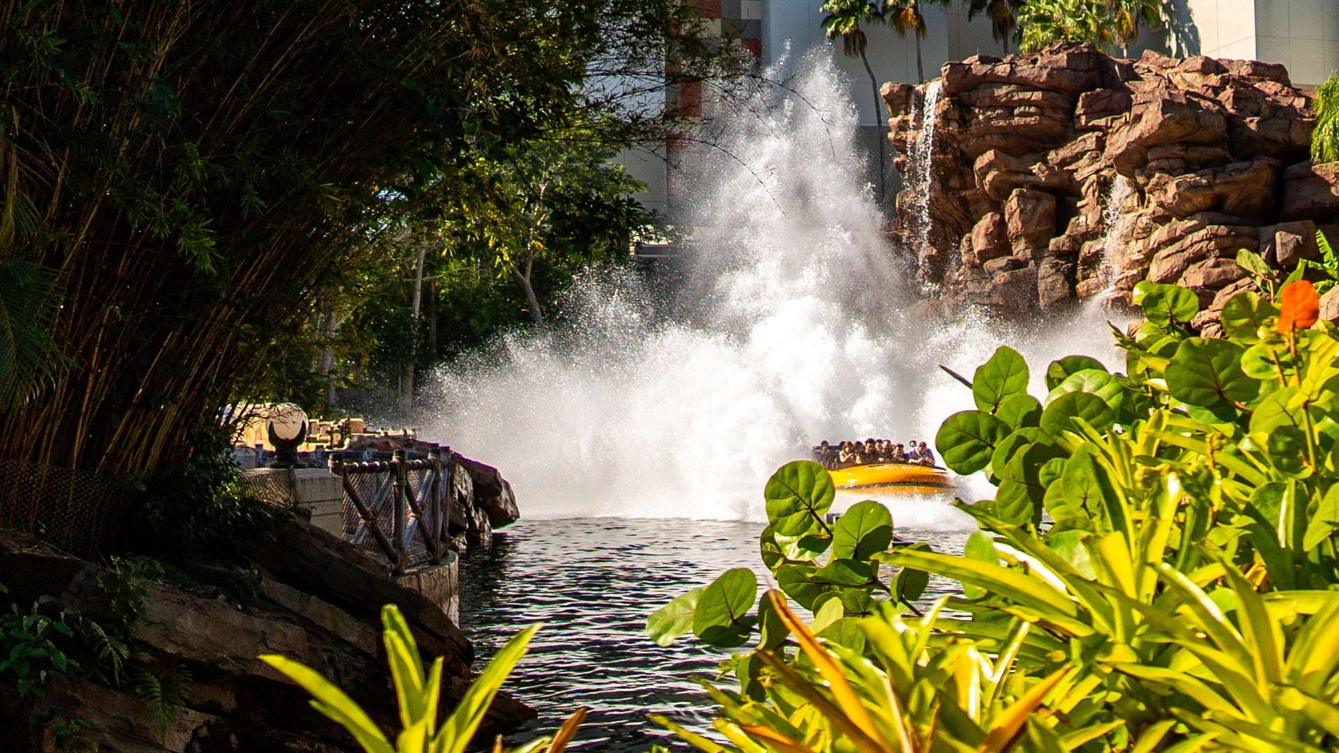 water ride with people on a boat and surrounding plants