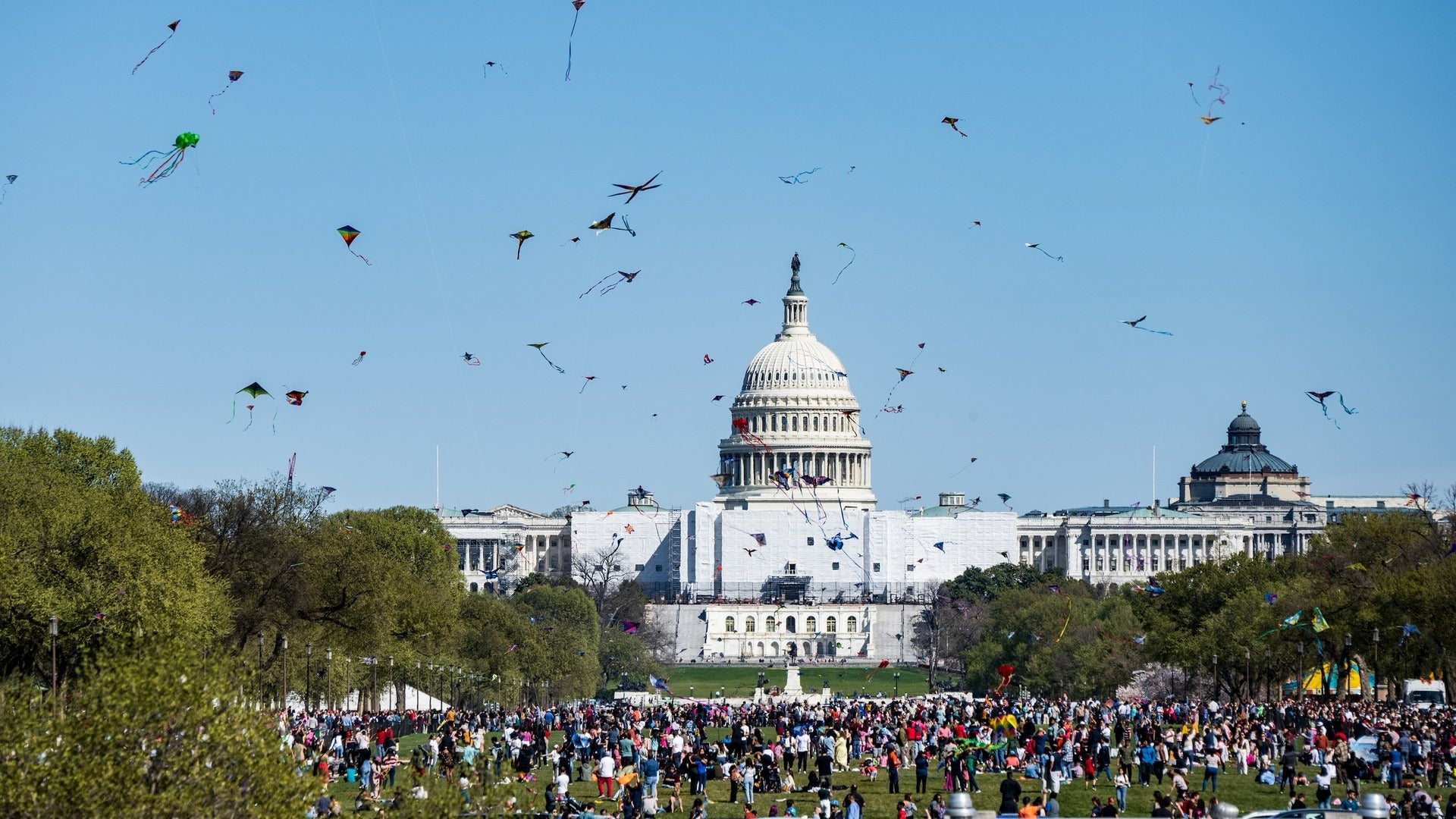 national monument with people enjoying flying kites