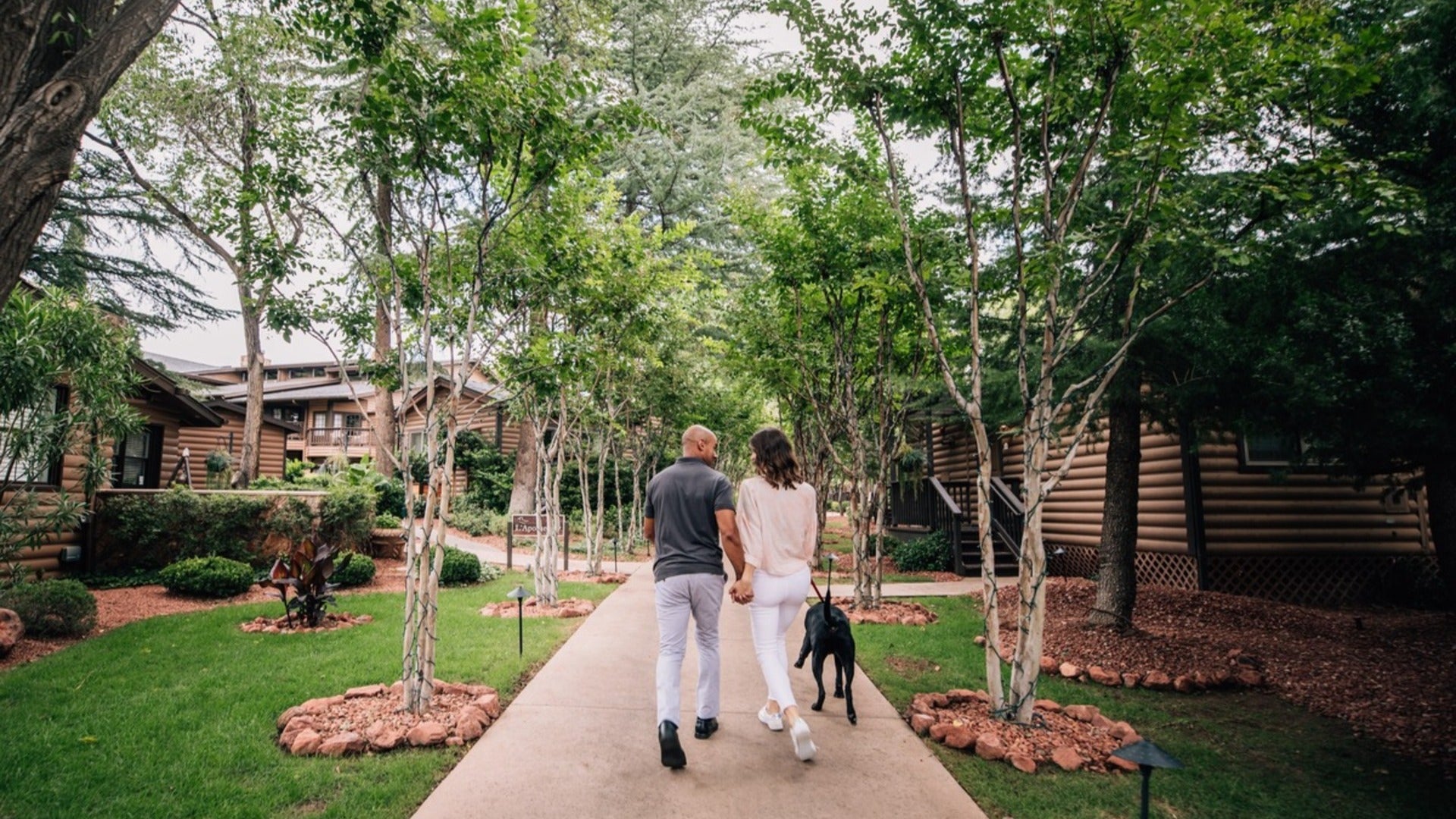 couple walking with dog in a resort, surrounded by trees