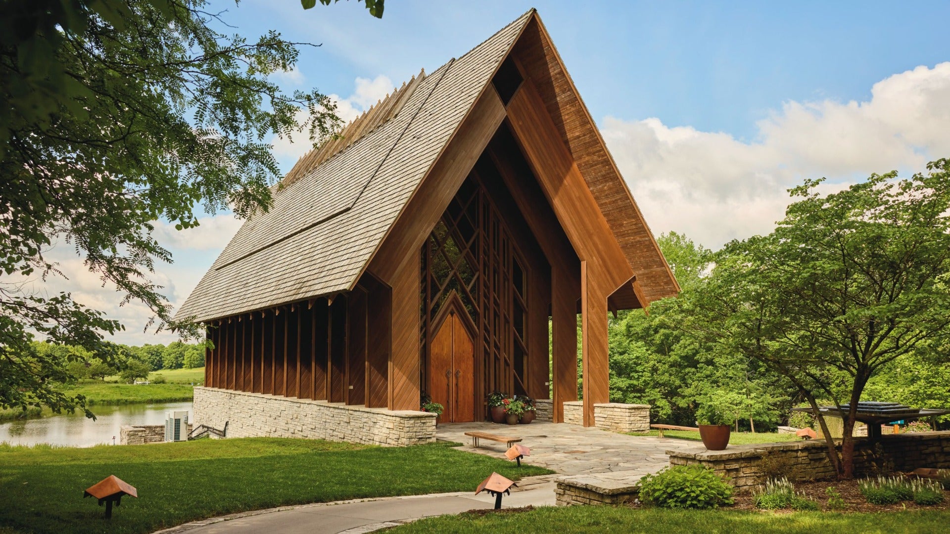 Marjorie Powell Allen Chapel surrounded by trees and pathways